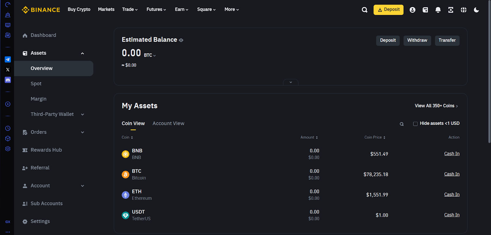 Screenshot of the Binance wallet overview interface showing an empty estimated balance in BTC and USD. The 'My Assets' section lists cryptocurrencies including BNB, Bitcoin (BTC), Ethereum (ETH), and Tether (USDT), all showing a balance of 0.00. Coin prices are displayed next to each asset, with a “Cash In” option available. The sidebar menu provides access to wallet functions such as Spot, Margin, Orders, Third-Party Wallets, and Rewards Hub.