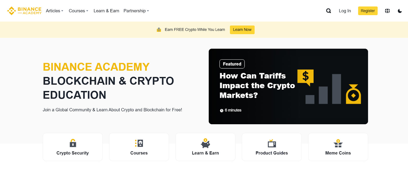 Screenshot of the Binance Academy homepage promoting free blockchain and crypto education. The banner reads “BINANCE ACADEMY – BLOCKCHAIN & CRYPTO EDUCATION,” inviting users to join a global community. A featured article titled “How Can Tariffs Impact the Crypto Markets?” is highlighted with a 6-minute read time. Below are categories including Crypto Security, Courses, Learn & Earn, Product Guides, and Meme Coins.