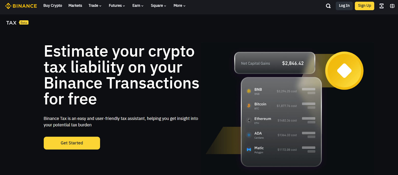 Screenshot of the Binance Tax page promoting a free tool to estimate crypto tax liability. The main headline reads “Estimate your crypto tax liability on your Binance Transactions for free.” A visual graphic displays net capital gains of $2,846.42, with individual cost summaries for BNB, Bitcoin, Ethereum, ADA, and Matic. A yellow “Get Started” button is located at the bottom.