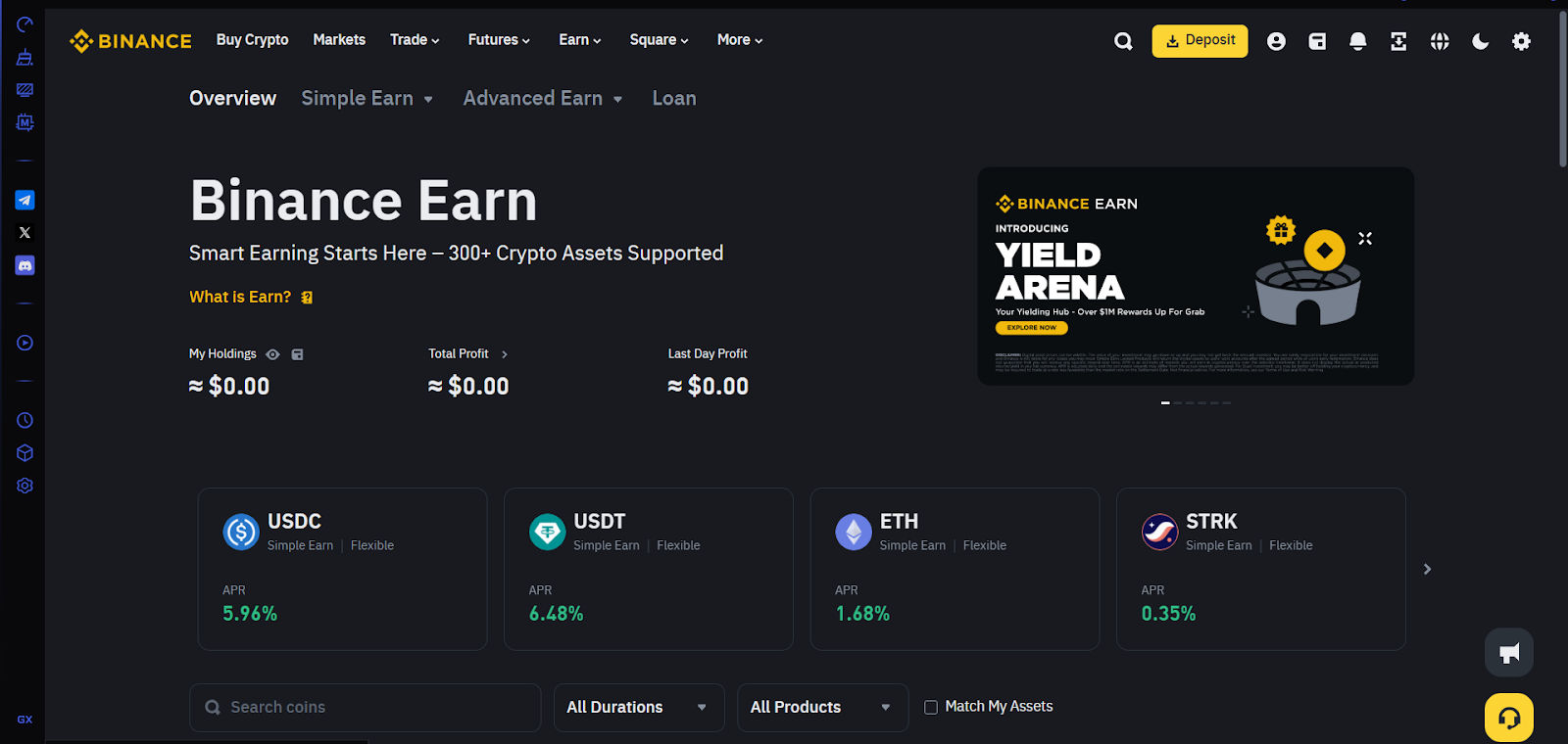 Screenshot of the Binance Earn interface displaying flexible earning options for cryptocurrencies. The dashboard shows $0.00 in holdings, profit, and last-day earnings. Featured assets include USDC (5.96% APR), USDT (6.48% APR), ETH (1.68% APR), and STRK (0.35% APR) under the Simple Earn – Flexible category. A promotional banner for Binance Yield Arena is shown on the right, offering over $1M in rewards.
