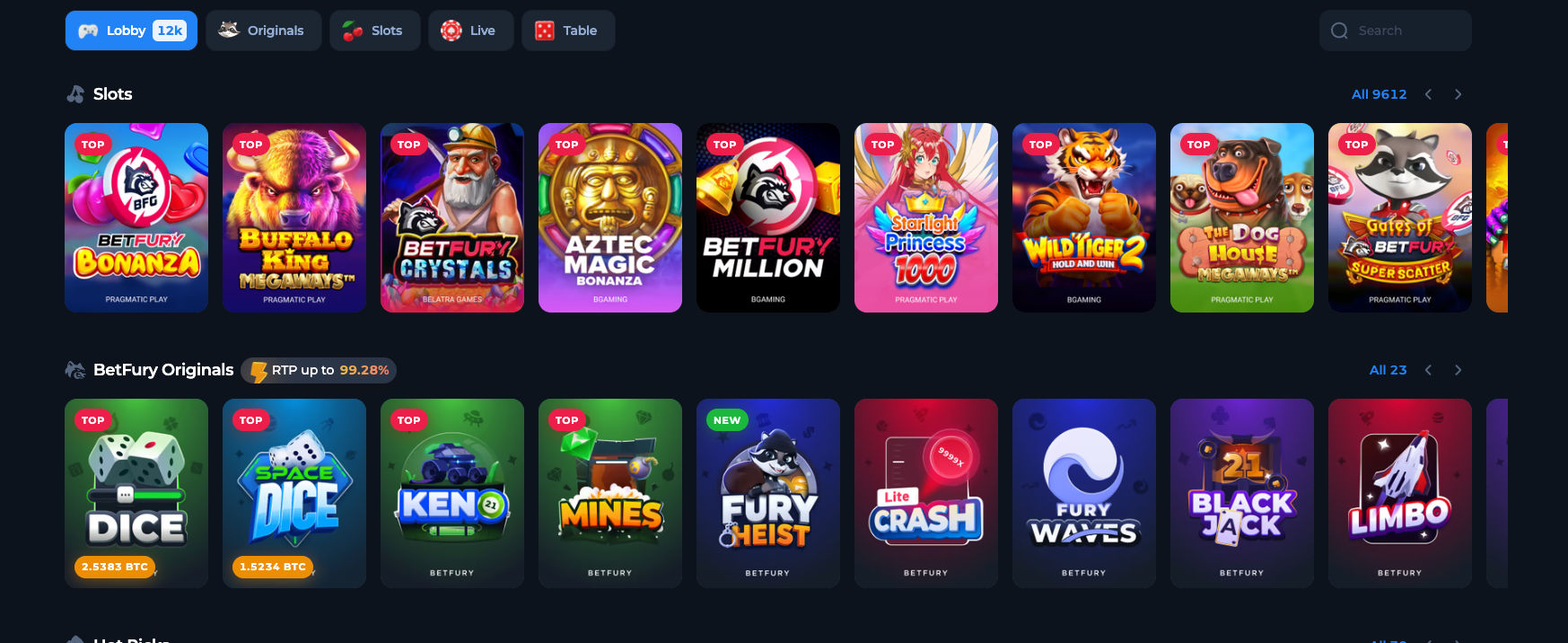 Betfury Game selection