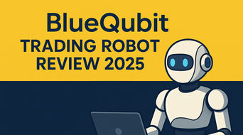 Trading robot on a laptop on the right, BlueQubit in blue on yellow text, bottom half in blue