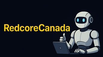 Redcore Canada Logo in yellow on a black background with a robot on the right with a laptop.
